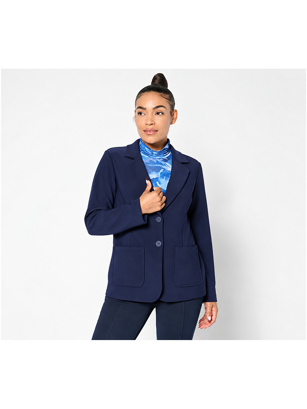 Susan Graver Petite Brushed Back LK Fusion Notch Collar Blazer Navy, Petite L